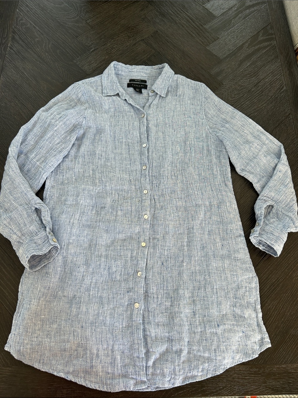 Tahari Blue Linen Button-Down Shirt